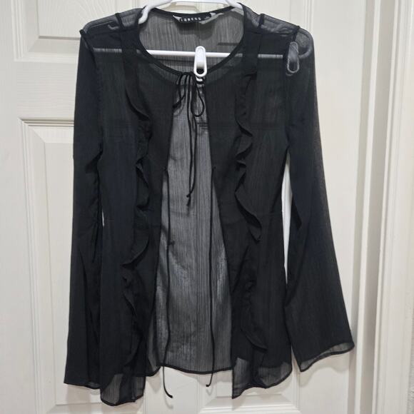 Lioness Sheer Ruffle Tie-Front Black Blouse XS - Picture 5 of 9